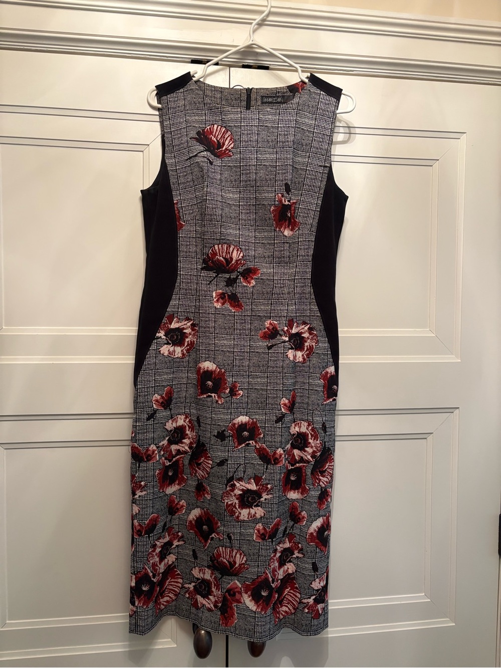 MarcCain Sleeveless Gray Plaid Dress with Red Floral Print
